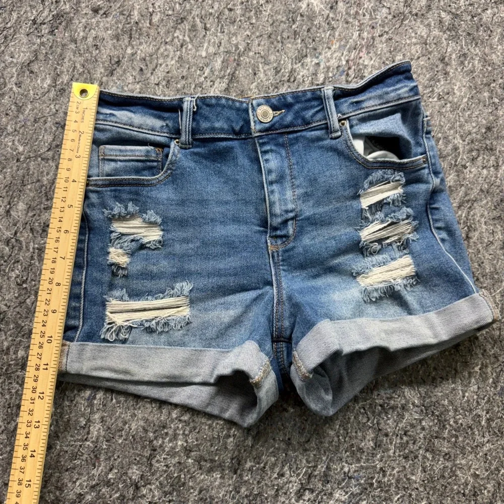 Wax Jean Distressed Denim Shorts Medium Wash High Rise Cuffed Size M 90233